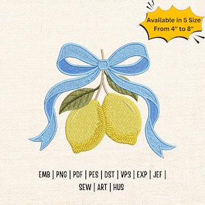 May include: Embroidered design of two yellow lemons with green leaves, tied with a light blue ribbon. The text "Available in 5 Size From 4" to 8"" is in a yellow burst. Below are file format abbreviations.