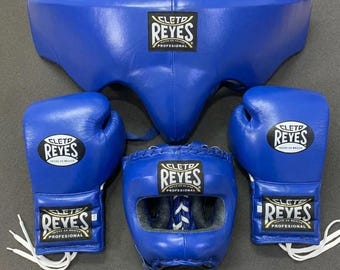 Aangepaste blauwe "Cleto Reyes" sparringset - Bokshandschoenen - Kruisbeschermer - Hoofdbeschermer