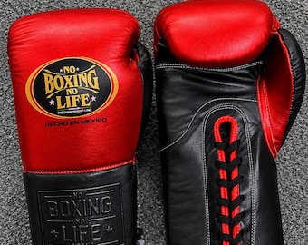 Gants de boxe personnalisés « Pas de boxe, pas de vie » – Cuir rouge et noir, à lacets