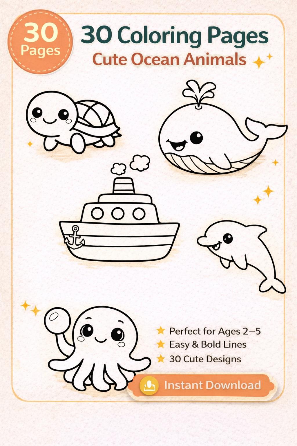 Ocean Animal Coloring Book for Toddlers Ages 2-4 | 30 Easy Pages, Cute ...