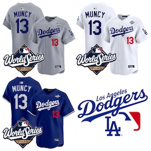 May include: Baseball jerseys in gray, white, and blue, featuring "MUNCY 13" on the back and "Dodgers" on the front. Each jersey displays a "World Series 2025" patch. The Los Angeles Dodgers logo is also visible.