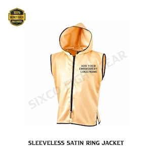 May include: A sleeveless satin ring jacket in a light gold colour with a black zip and trim. The jacket has a hood and the text "ADD YOUR EMBROIDERY LOGO/NAME" is printed on the front. The words "SLEEVELESS SATIN RING JACKET" are printed at the bottom.