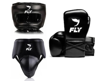 Fly Boxing Gloves, Head Guard, Groin Protector Set | Cowhide Leather Training Gear