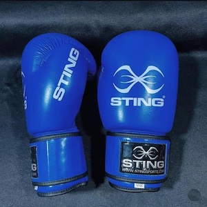 May include: Pair of blue boxing gloves with the word "STING" in white lettering. The gloves have a logo and the text "WWW.STINGSPORTS.COM" on the wrist strap. The gloves are 12 oz.