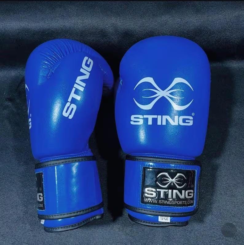 May include: Pair of blue boxing gloves with the word "STING" in white lettering. The gloves have a logo and the text "WWW.STINGSPORTS.COM" on the wrist strap. The gloves are 12 oz.