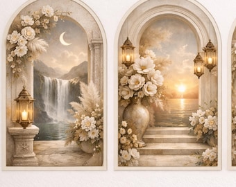 Vintage arch wall art set, printable neutral decor, dreamy landscape prints, beige tones, bedroom and living room wall decor, gallery wall