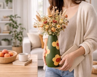 Hand Painted Ceramic Vase, Olive Green Floral Vase, Modern Tabletop Decor