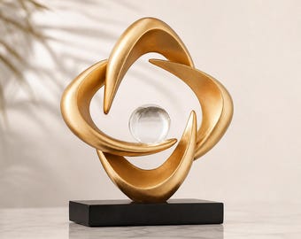 Gold Abstract Sculpture with Crystal Ball, Modern Luxury Home Accent