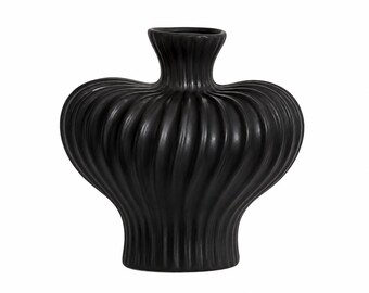 Matte Black Ribbed Vase, Small Ceramic Flower Vase, Table Centerpiece