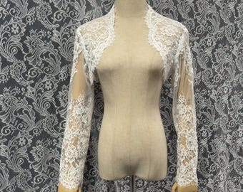 Vintage Floral Lace Bridal Bolero Wrap, Sheer Long Sleeve Wedding Shrug, Lace Ivory Bridal Topper