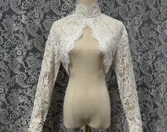 Elegant Lace Bridal Bolero High Neck Long Sleeve Wedding Jacket, Sheer Floral Lace Cover Up with Pearl Cuffs, Vintage Romantic Bridal Topper