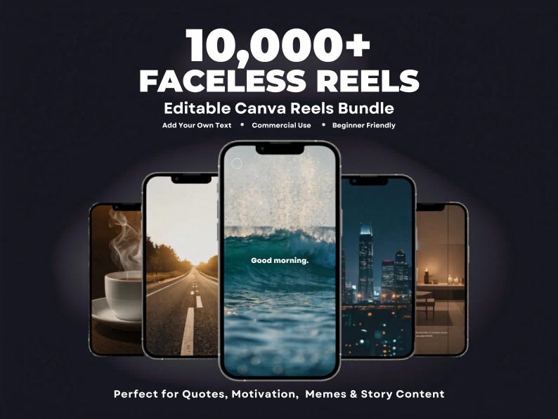 May include: A promotional image featuring five smartphones displaying various images, including a coffee cup, a road, ocean waves with the text "Good morning," a cityscape, and a room interior. The text overlay reads "10,000+ Faceless Reels" and "Editable Canva Reels Bundle."