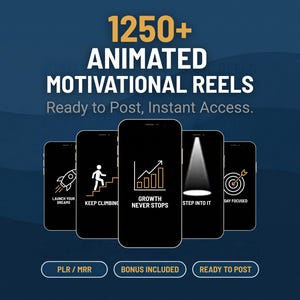 Può includere: Una collezione digitale di 1250+ reel motivazionali animati con cinque smartphone che mostrano schermi neri con icone e testo bianchi e arancioni, tra cui Launch Your Dreams, Keep Climbing, Growth Never Stops, Step Into It e Stay Focused.