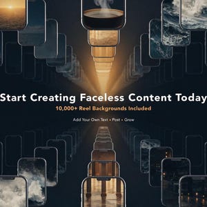 May include: An artistic digital image with a dark background and a central column of stacked, illuminated rectangles. The image features multiple smartphone-shaped frames displaying various scenic backgrounds. Text reads: "Start Creating Faceless Content Today".