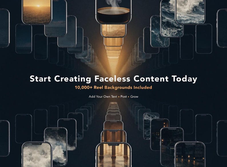 May include: An artistic digital image with a dark background and a central column of stacked, illuminated rectangles. The image features multiple smartphone-shaped frames displaying various scenic backgrounds. Text reads: "Start Creating Faceless Content Today".
