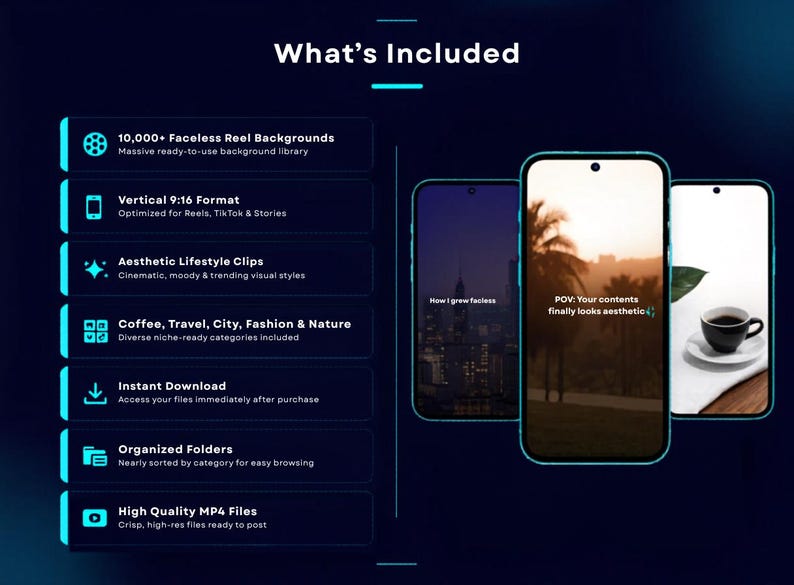 May include: A digital product advertisement with a dark blue background. The text "What's Included" is at the top. The image shows three smartphones with different aesthetic backgrounds, and a list of features including faceless reel backgrounds and high-quality MP4 files.