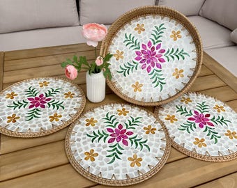 Rattan Placemats Set D31cm with Tray D35cm/ 2-in-1 Table Mat & Serving Tray/ Natural Placemats/ Tray/ Boho Table Decor/ Dining Set/ Gift