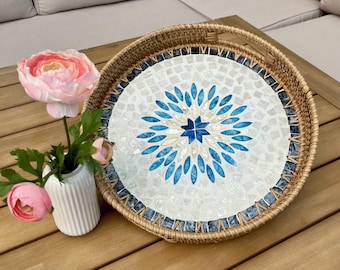 Handmade Rattan Tray D35cm | Mother of Pearl Rattan Tray big | Boho Home Decor | Woven Serving Tray | Natural Decor | Vietnam Handmade Gift