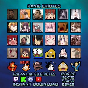 Puede incluir: Una colección digital de 120 emoticonos animados de pánico con varios personajes con expresiones de sorpresa. La cuadrícula incluye iconos cuadrados y gráficos con el texto PANIC EMOTES, HELP!, 120 ANIMATED EMOTES, INSTANT DOWNLOAD y varias dimensiones en píxeles indicadas debajo de los iconos.