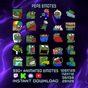Puede incluir: Una colección de emotes de personaje de rana verde dispuestos en una cuadrícula, etiquetados como PEPE EMOTES. El texto incluye 930+ ANIMATED EMOTES, 128x128, 112x112, 56x56, 28x28 e INSTANT DOWNLOAD. Iconos de Twitch, Kick, Discord y YouTube aparecen abajo.