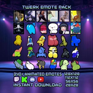 Könnte beinhalten: Eine digitale Sammlung mit dem Titel TWERK EMOTE PACK, die ein Raster aus verschiedenen animierten Charakter-Icons zeigt, die Twerk-Bewegungen ausführen. Der Text enthält 340+ ANIMATED EMOTES, INSTANT DOWNLOAD und Größenangaben in 128x128, 112x112, 56x56 und 28x28 Pixel.