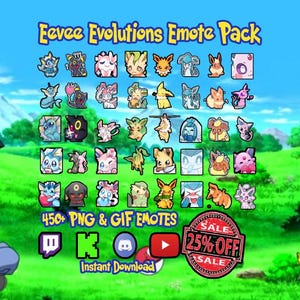 Könnte beinhalten: Ein digitales Kunstpaket mit dem Titel "Eevee Evolutions Emote Pack" mit verschiedenen Emoticons von Zeichentrickfiguren. Das Bild enthält den Text "450+ PNG & GIF EMOTES" und ein "25% OFF SALE"-Abzeichen. Eine Figur sitzt im Vordergrund.