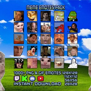 May include: A digital collection titled MEME EMOTES PACK featuring a grid of various internet meme images, flanked by two identical cat faces with tongues sticking out, over a green hill and blue sky background with 1000+ PNG & GIF EMOTES text.
