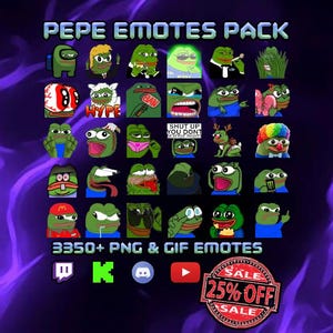 Può includere: Una collezione digitale intitolata PEPE EMOTES PACK che presenta una griglia di 30 diverse illustrazioni di personaggi rana verdi. Il testo 3350+ PNG & GIF EMOTES è visualizzato sotto la griglia, insieme a icone social e un badge rosso di sconto.