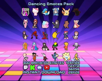 Puede incluir: Una colección digital titulada Dancing Emotes Pack con varios iconos de personajes animados en una cuadrícula. El texto incluye 300 ANIMATED EMOTES, tamaños 128x128, 112x112, 56x56, 28x28, INSTANT DOWNLOAD e iconos de Twitch, Kick, Discord y YouTube.