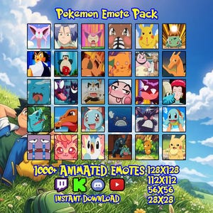 Puede incluir: Una colección digital de gráficos Pokemon Emote Pack que presenta una cuadrícula de varias expresiones de personajes. La imagen incluye texto que dice Pokemon Emote Pack, 1000+ Animated Emotes y dimensiones en píxeles como 128x128, 112x112, 56x56 y 28x28, junto con iconos de redes sociales.