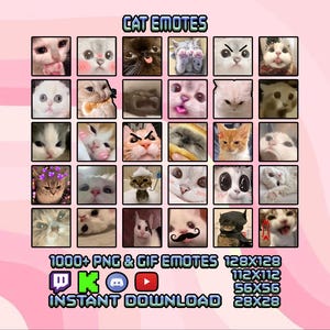 Könnte beinhalten: Eine digitale Sammlung von Katzen-Emotes in einem Raster, die verschiedene Gesichtsausdrücke und Posen zeigen. Der Text CAT EMOTES steht oben, gefolgt von 1000+ PNG & GIF EMOTES, INSTANT DOWNLOAD und den Pixelmaßen 128x128, 112x112, 56x56, 28x28 unten.