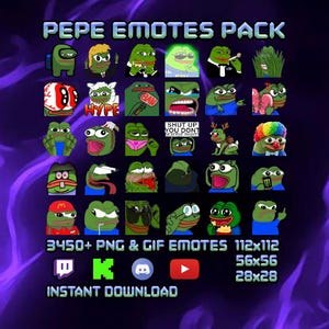 Może przedstawiać: Cyfrowa kolekcja emotikonów Pepe the Frog z różnymi wyrazami twarzy i kostiumami. Tekst zawiera PEPE EMOTES PACK, 3450+ PNG & GIF EMOTES, 112x112, 56x56, 28x28 oraz INSTANT DOWNLOAD. Dołączono ikony Twitch, Kick, Discord i YouTube.