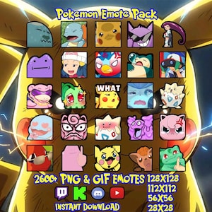 May include: A digital collection of 25 square character emotes featuring various creatures and figures in a grid layout. The text reads Pokemon Emote Pack, 2600+ PNG & GIF EMOTES, 128x128, 112x112, 56x56, 28x28, and INSTANT DOWNLOAD, with icons for Twitch, Kick, Discord, and YouTube.