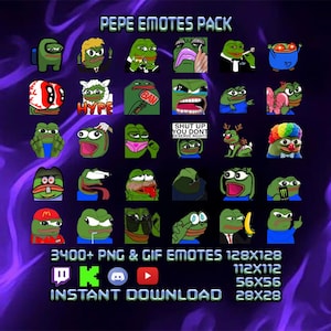 May include: A digital collection of Pepe the Frog emotes featuring various expressions and costumes. The pack includes 3400+ PNG and GIF files in sizes 128x128, 112x112, 56x56, and 28x28 pixels. The text reads PEPE EMOTES PACK and INSTANT DOWNLOAD.