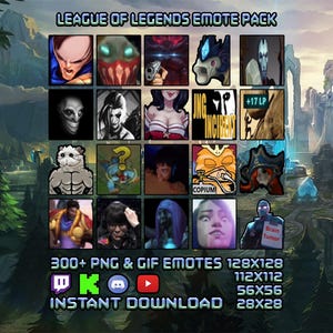 以下が含まれることがあります： League of Legendsの絵文字パックグラフィックのデジタルコレクションで、グリッドレイアウトに様々なキャラクターイラストが描かれています。テキストにはLEAGUE OF LEGENDS EMOTE PACK、300+ PNG & GIF EMOTES、128x128、112x112、56x56、28x28、INSTANT DOWNLOADと記載されています。