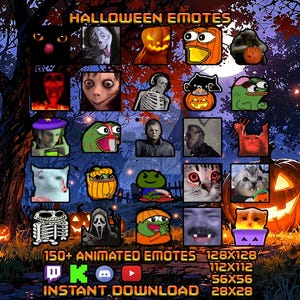Könnte beinhalten: Eine digitale Sammlung von Halloween-Emotes mit verschiedenen Charakteren und Kreaturen in einem Raster. Der Text HALLOWEEN EMOTES, 150+ ANIMATED EMOTES und verschiedene Pixelmaße werden vor einem dunklen Waldhintergrund angezeigt.
