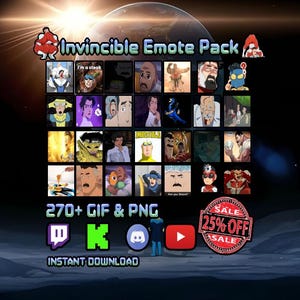 May include: A digital product image featuring a collection of Invincible-themed emotes. The image includes various character illustrations in a grid layout, with text indicating 270+ GIF & PNG files. Social media icons and a sale badge are also present.