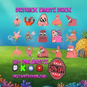 May include: A digital art graphic featuring various Patrick Star emotes from the animated series, set against an underwater background. The image includes the text "PATRICK EMOTE PACK" and "80+ PNG EMOTES". A sale banner is also present.