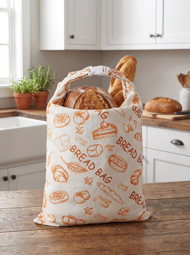 May include: A cream-colored fabric bread bag featuring an orange printed pattern of various baked goods and the text BREAD BAG. The bag has a white plastic buckle closure at the top and contains a round loaf of bread and a long baguette inside.