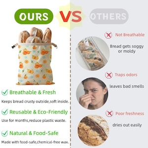 May include: A cream-colored fabric bread bag with an orange and blue fruit pattern, featuring a drawstring closure. The bag is filled with loaves of bread. The image includes text comparing the bag to plastic alternatives, highlighting features.