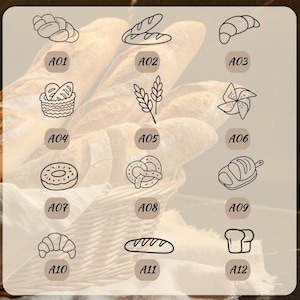 May include: A grid of twelve black line art icons depicting various baked goods, labeled A01 through A12. The icons include a braided loaf, baguette, croissant, bread in a basket, wheat stalk, pinwheel, donut, pretzel, sliced bread, and loaf.