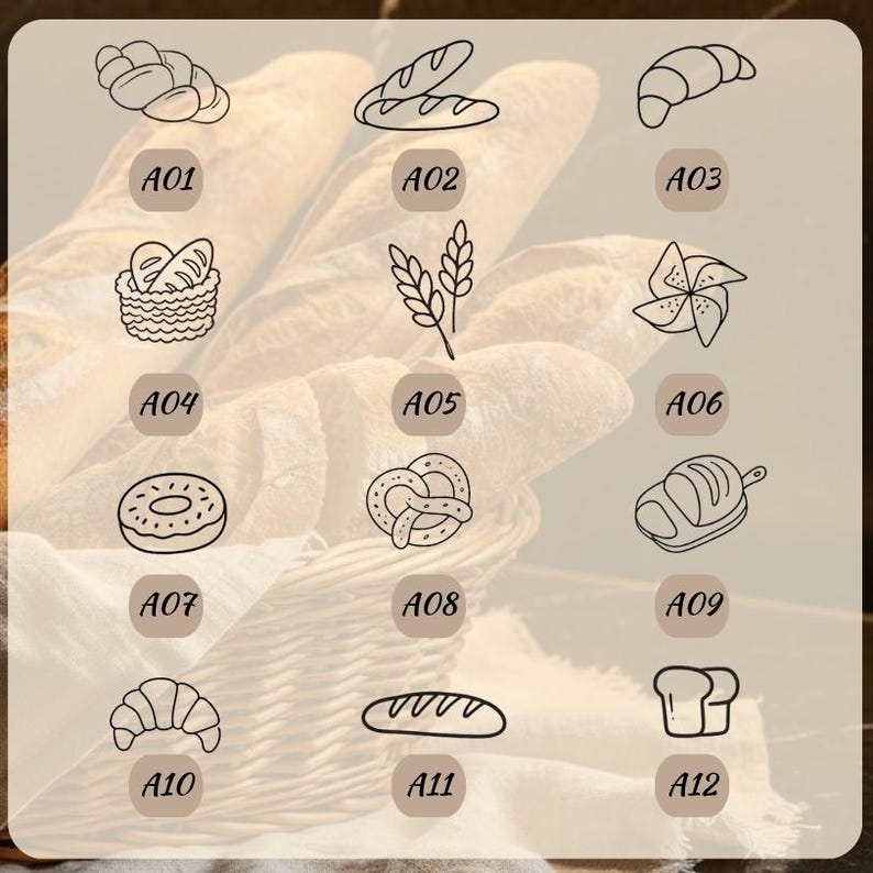 May include: A grid of twelve black line art icons depicting various baked goods, labeled A01 through A12. The icons include a braided loaf, baguette, croissant, bread in a basket, wheat stalk, pinwheel, donut, pretzel, sliced bread, and loaf.
