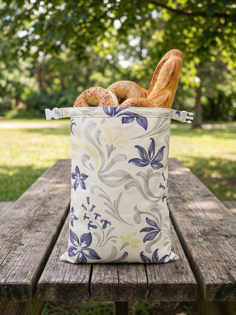 May include: A rectangular fabric bread bag featuring a cream-colored base with a repeating pattern of dark blue and light gray floral motifs. The top of the bag includes a white plastic buckle closure and is filled with a baguette and several bagels.