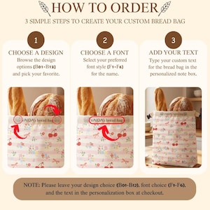May include: An instructional graphic titled HOW TO ORDER with three steps for a custom bread bag. It shows a fabric bag with pink stripes, cherries, and flowers, containing a baguette and a round loaf, with text VAIDA's bread bag displayed.