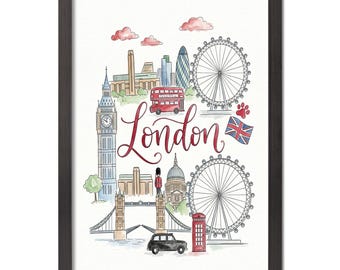 London Watercolor Skyline Print | Big Ben, London Eye Cityscape Wall Art
