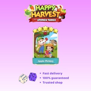 以下が含まれることがあります： Happy Harvest with Looney TunesのApple Pickingと題されたデジタルゲームカード。青いオーバーオールと麦わら帽子をかぶった漫画のキャラクターが果樹園でリンゴを摘んでいる様子が描かれています。カードの下には2つの6面ダイスとサービスに関するテキストがあります。
