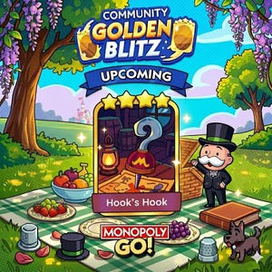May include: A promotional image for Monopoly Go! featuring a picnic scene with the text "Community Golden Blitz Upcoming." The image includes a card labeled "Hook's Hook" with a pirate hook, a Monopoly man, and various picnic items.