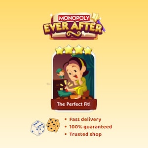 Może przedstawiać: Reklama gry Monopoly Ever After. Obrazek przedstawia kartę do gry z kreskówkową ilustracją postaci. Tekst "The Perfect Fit!" jest wyświetlany na karcie. Dwie kostki do gry są pokazane pod kartą, wraz z tekstem o szybkiej dostawie i gwarancjach.