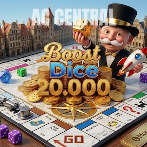 Op de afbeelding: Een Monopoly-bordspel met een stripfiguur die een gouden dobbelsteen en een raket vasthoudt. Het bord toont gouden munten, dobbelstenen en de tekst "Boost Dice 20.000". De achtergrond toont een stadsgezicht.
