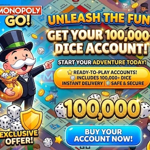 Op de afbeelding: Promotieafbeelding voor Monopoly Go! met de Monopoly Man die een zak met dobbelstenen vasthoudt. Tekst bevat "Ontketen het plezier!" en "Krijg je 100.000+ dobbelstenen account!" met een aanbieding om "Koop nu je account!"